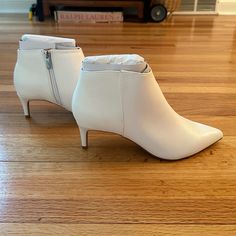 A New Day White Kitten Heel Booties Brand New With Tags And Box Timeless Style Heel Height 2” Measured Under Boot And 2.3” Measured On The Outside Animal Print Boots, Sock Ankle Boots, Black Rain Boots, White Kitten, Tan Booties, Black Suede Booties, Tan Boots, White Kittens, Wedge Ankle Boots