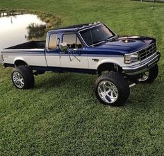 a blue and white truck parked on top of a lush green field next to a lake