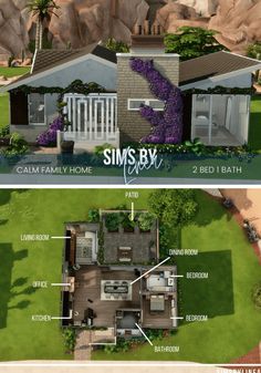 two different views of the same house from above and below, with text that reads sims by