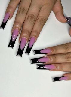 Pink Nails Black French Tip, Black And Pink French Tip Nails, Long Black French Tip Nails, Pink And Black French Tip Nails, Acrylic Shorties, French Acrylic Nail Designs, Dramatic Nails, Shorties Nails