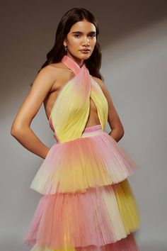 Sunset sorbet multi colored ombre, padded dress with crossover halter neckline, midriff cutout and layered ruffle bottom. - Aza Fashions Evening Sleeveless Gradient Dress, Sleeveless Gradient Evening Dresses, Sleeveless Gradient Dress For Evening, Chic Gradient Dress For Party, Chic Gradient Color Dress For Party, Chic Gradient Color Party Dress, Ombre Sleeveless Evening Dress, Sleeveless Gradient Party Dress, Gradient Sleeveless Party Dress