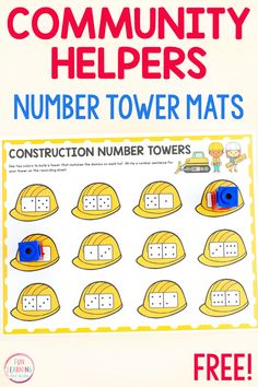 a construction themed poster with the words community helpers number tower mats