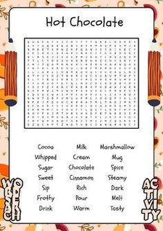 Hot Chocolate : Word Search Activity Worksheet - No Prep by YASSY CENTER Winter Word Search, Cozy Clothing, Hot Chocolate Cocoa, Hoodie Scarf, Cream Mugs, Activity Worksheet, Winter Words, Cottage In The Woods, Winter Comfort