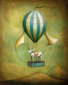 a painting of a cow flying in a hot air balloon