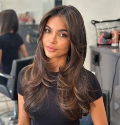 Hair Cut Holland Mi Bouncy Long Layered Hair, Medium Brown Neutral Hair, Face Framing Dark Brown Hair, Layer Blowout Hair, Face Framing Layers Long Hair Black Women, Long Layer Brown Hair, Coffee Brown Hair Balayage, Hair Colors That Make You Look Tan, News Anchor Hairstyles