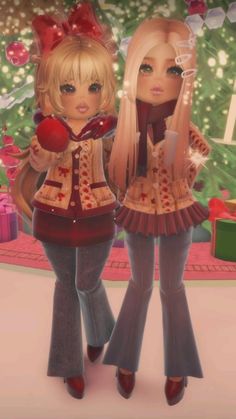 two girls standing next to each other in front of a christmas tree with presents on it