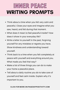 a pink and white poster with the words inner peace writing prompts written in it