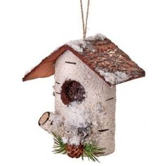 MTX61497-NAFR_pl Birdhouse Ornament, Twig Crafts, Birdhouse Ornaments, Woodland Tree, Shingle Roof, Birch Logs, Tree Wreath, Christmas Bird, Pine Branch