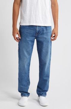 Made from stonewashed nonstretch denim, these carpenter jeans have a modern fit that's relaxed through the thighs and tapered down to straight legs. 31" inseam; 14" leg opening; 11" front rise; 14" back rise (size 29) Zip fly with button closure Five-pocket style; side carpenter pocket 60% recycled cotton, 40% cotton Machine wash, tumble dry Made in Turkey