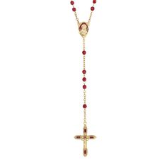 This Symbols of Faith 14K Gold-Dipped Red Bead and Red Enamel Rosary Necklace is stunning with multifaceted red beads deck the gold tone chains. This Symbols of Faith 14K Gold-Dipped Red Bead and Red Enamel Rosary Necklace is stunning with multifaceted red beads deck the gold tone chains. DETAILS Drop length: 5 in. Beaded chain length: 30 in. Metal: alloy Plating: gold tone Finish: polished Size: One Size. Gender: unisex. Age Group: adult. Red Faceted Beads Jewelry For Christmas, Spiritual Red Jewelry For Christmas, Gold Round Beads Jewelry For Christmas, Gold Beaded Ruby Necklace, Elegant Red Necklace With Gold Beads, Red Jewelry With Gold Beads For Gifts, Red Faceted Beads Jewelry For Valentine's Day, Gold Ruby Beaded Necklaces With Gemstone Beads, Gold Ruby Necklaces With Polished Beads