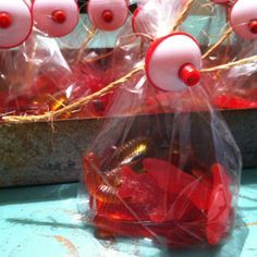 plastic bags filled with red and white items