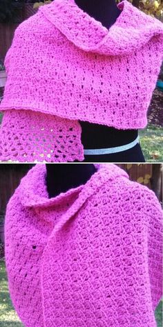 two pictures of a woman wearing a pink crocheted shawl