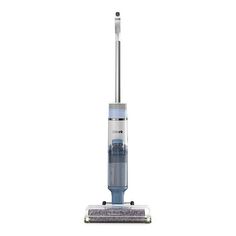 a blue and silver vacuum cleaner on a white background