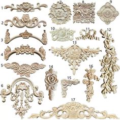 an assortment of carved wood furniture pieces