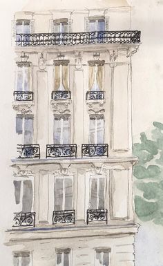 a drawing of a building with windows and balconies