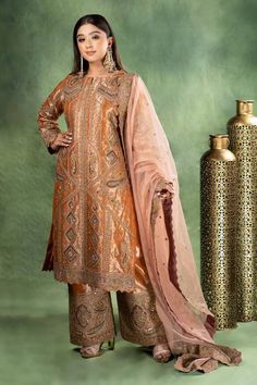 Golden brown full sleeves A-line kurta with all over mughal palazzo gul embroidery using dori, kiran and sequin highlights. Paired with a matching heavily embroidered flared palazzo and a baby pink floral cutwork border embroidered organza dupatta. - Aza Fashions Floral Cutwork, Kurta Palazzo Set, Flared Palazzo, Organza Embroidery, A Line Kurta, Palazzo Set, Embroidered Organza, Organza Dupatta, Full Sleeves