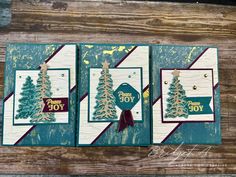 three cards with christmas trees on them