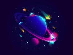 an abstract space scene with saturn and other planets in the dark blue night sky illustration