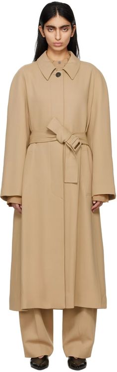 Studio Nicholson: Beige Denali Trench Coat | SSENSE Spring Business Wool Coat With Belted Cuffs, Spring Wool Coat For Office With Belted Cuffs, Spring Wool Coat With Belted Cuffs For Office, Classic Wool Coat With Belted Cuffs For Spring, Classic Spring Wool Coat With Belted Cuffs, Beige Outerwear With Belt Detail For Fall, Spring Workwear Belted Wool Coat, Spring Wool Coat For Workwear, Beige Wool Coat With Belted Cuffs For Work