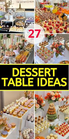 dessert table ideas with different types of cupcakes, cakes and other food items