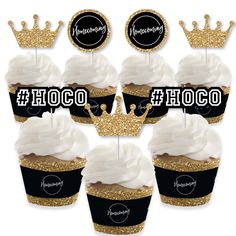 black and gold cupcakes with white frosting are topped with golden glitter crown toppers