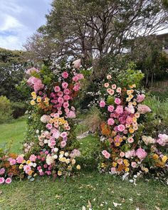 two large floral sculptures in the middle of a grassy area with trees and bushes behind them