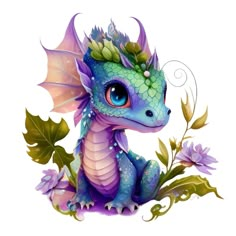 a blue and purple dragon sitting on top of flowers