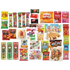 many different types of snacks are displayed together