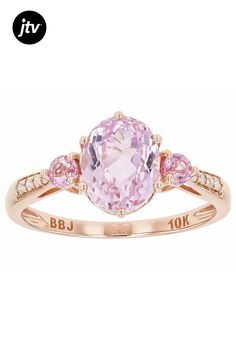 2.25ct Oval Kunzite With 0.22ctw Round Pink Sapphire and 0.05ctw Round White Diamond 10k Rose Gold Ring. Measures Approximately 0.77"L x 0.38"W. Pink Rings, Pink Kunzite, Pink Amethyst, Pink Ring, Amethyst Ring, 10k Gold, Pink Sapphire, White Diamond, Rose Gold Ring