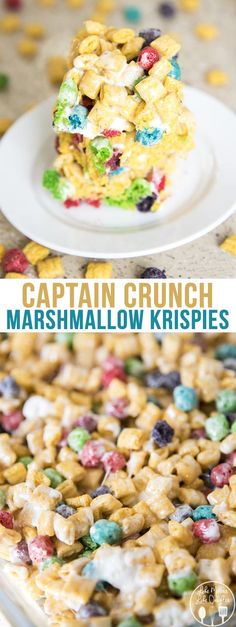 a close up of food on a plate with the words captain crunch marshmallow krispies