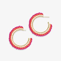 Dress up your ears with our Eve Ombre Beaded Hoop Earrings – a perfect blend of style and sophistication! Choose from vibrant Kelly Green and Pink, Royal Blue, Light Lavender, or Hot Pink and Coral with Ivory accents. These hoop earrings feature a captivating ombre design that effortlessly transitions from one stunning color to another. --DETAILS-- 2.18 L, .39" W Handmade by skilled artisans in India Hypoallergenic nickel + lead-free brass hardware These accessories are made by human hands. A slight variation in size and color is considered part of the beauty of these one-of-a-kind pieces. To extend the life of your accessories, store them in a dry place while swimming, showering, or working out. Original design copyright INK+ALLOY© --END OF DETAILS-- Pink Beaded Hoop Earrings For Beach, Summer Pink Hoop Earrings With Colorful Beads, Kelly Green And Pink, Pink Small Hoop Earrings With Colorful Beads, Orange Hoop Earrings With Colorful Beads, Hot Pink Hoop Earrings, Ombre Design, Human Hands, Light Lavender