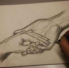 a drawing of a hand holding something in it's right hand with the other hand