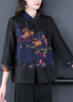 Elegant Black Stand Collar Print Button Silk Shirt Long SleeveFabric: SilkSize & Fit: Fit: This garment fits true to size.Length: Size L measures 25.74"from shoulder to hemBust: Great for any cup size. Waist: Loose Fit. Comfortable room throughout midsection.Hip: Loose Fit - room for hips. Hand Wash Cold. Black Blouse With Stand Collar And Buttons, Black Shirt With Button Closure And Stand Collar, Black Cotton Blouse With Stand Collar, Black Shirt With Stand Collar And Buttons, Black Top With Stand Collar And Button Closure, Black Stand Collar Shirt, Black Stand Collar Tops For Spring, Black Stand Collar Blouse For Fall, Fall Black Blouse With Stand Collar