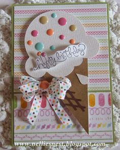 a close up of a greeting card with an ice cream cone and candy on it