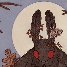 a drawing of a bird with red eyes sitting on top of a tree branch in front of a full moon