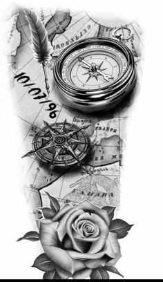 a black and white drawing of a rose with a compass on it