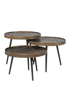 three round coffee tables with black legs and brown marble top, one on each side