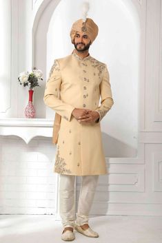 Mens Indo Sherwani With Churidar for Mens for Wedding Event Party Function in Dark Fawn - Etsy Bandhgala With Dabka For Diwali Reception, Dabka Bandhgala For Diwali Reception, Bandhgala With Dabka Work For Eid Reception, Diwali Bandhgala With Naqshi For Reception, Fitted Naqshi Churidar With Traditional Drape, Ceremonial Beige Kurta With Naqshi, Beige Naqshi Kurta For Ceremonial Occasions, Ceremonial Unstitched Churidar With Dabka Work, Eid Reception Semi-stitched Bandhgala