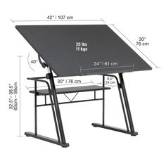 a drawing table with two stools and a desk top on the bottom, measurements