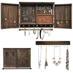 an assortment of jewelry hanging from a wooden cabinet with multiple compartments and doors, including necklaces