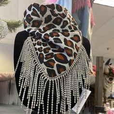 Custom Made Crystal Fringe Bandanas Ask About Other Colors . Crystal Fringe, Bandanas, Other Colors, Scarf Wrap, Scarf Accessory, Leopard Print, White Black, Custom Made, White And Black