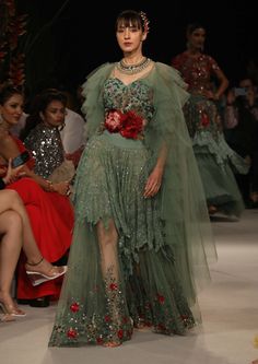 Varun Bahl-Sage Green Layered Tulle Skirt Set-INDIASPOPUP.COM Corset Wedding Dress Green Ribbon, Waist Corset Belt Green, Green Organza Dress For Reception, Green Embellished Organza Gown, Embellished Tiered Skirt Dress For Reception, Green Organza Evening Set, Green Tiered Skirt Dress For Wedding, Anarkali Jacket, Embroidered Corset Top