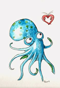 an octopus and a heart are depicted in this watercolor drawing by person, who is holding onto the tail of another octopus