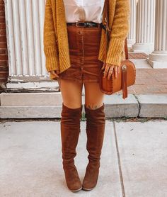 This rust corduroy skirt outfit is perfect for fall! Pair the corduroy skirt with tall boots, a cardigan, and a simple top for a casual fall outfit that's super cute, cozy, and full of warm orange and brown tones. If you need a fall date outfit idea or fall skirt outfit inspo, try this out and follow @imstephaniehope for more fashion ideas! Fall Date Outfit, Fall Skirt Outfit, Outfit For Fall, Casual Fall Outfit