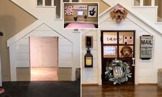 there is a dog house that has been built into the wall and in the floor