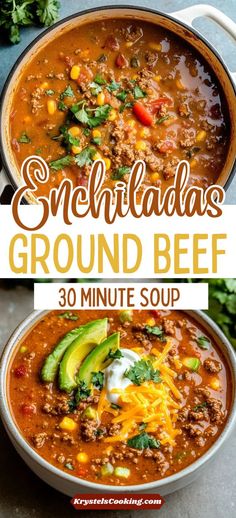 Looking for a quick and easy dinner idea? This Easy Enchiladas Ground Beef Soup is a great ground beef recipe that is cheesy, comforting, and perfect for busy weeknights! Ground Beef And Jalapeno Recipes, Soups To Make With Ground Beef, Taco Soup With Ground Beef Easy, Healthy Soup Ground Beef, Ground Beef Crockpot Soup Recipes, Beef Enchilada Soup Recipe, Ground Beef Recipes For Dinner Easy Soup, Ground Beef Fall Recipes, Soup Ideas With Ground Beef