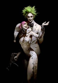 two people dressed as the joker and harley are posing for a photo in front of a black background