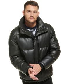 Snowy day, dress to impress and stay warm. A classic puffer body, rendered in smooth faux leather, and a heavyweight design make this Calvin Klein jacket an all-around winner for both comfort and style. Casual Leather Puffer Jacket For Cold Weather, Classic Fall Puffer Jacket, Casual Puffer Leather Jacket For Streetwear, Black Leather Puffer Jacket For Cold Weather, Winter Leather Puffer Jacket For Cold Weather, Casual Black Leather Puffer Jacket, Fall Leather Puffer Jacket, Classic Fall Puffer Outerwear, Leather Puffer Outerwear For Fall