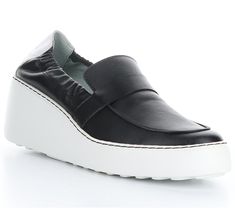 Stand tall in these stylish wedge slip-ons that sit atop soft contour insoles to soften your steps. From Fly London. Wingtip Slip-ons With Removable Insole, Leather Platform Wedge Sneakers Slip-on, Slip-on Synthetic Wedge Sneakers With Cushioned Footbed, Soft Contour, Black Synthetic Slip-on Wedge Sandals, Synthetic Slip-on Wedge Sandals With Textured Sole, Fly London, Leather Wedges, Stand Tall