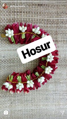 the letter e is made out of red and white flowers with words hosur on it